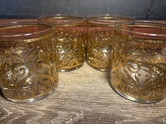 4 Retro MCM 22K Gold Mad Men Scroll Lowball Cocktail Vintage Glasses Set F1