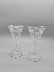 Vintage Crystal Etched Grape Cordial Glasses V-Shape Trumpet Panel Stem -…