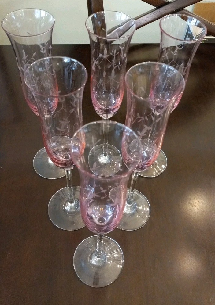 Set of 6 Vintage Lenox HEATHER Pink Floral Etched 11” Crystal Champagne Flutes