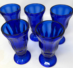 ANTIQUE 5 Cobalt Blue Goblets Panel Footed Glasses Water Ice Cream Ice Tea Malt