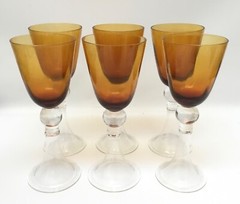 6 Gothic Style Amber Trumpet Stem Wine Glasses 8”