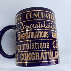 Vintage Navy Blue Coffee Mug with Gold Congratulations Motif