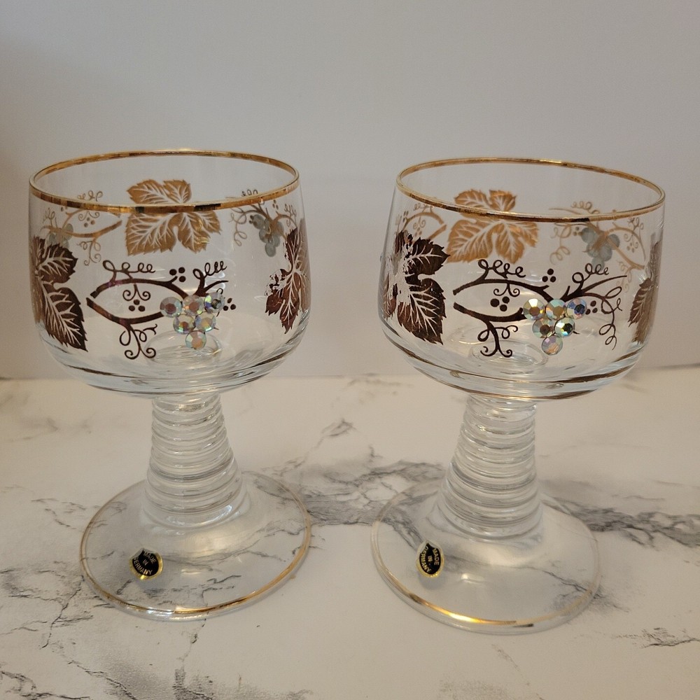 Vtg German Made Glass Barware Cordial Wine Stem Jeweled Grapes & Leaves Germany