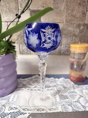 Bohemian Cobalt Blue Cut Crystal Wine Glass Floral Grapes Tall Stemware Decor