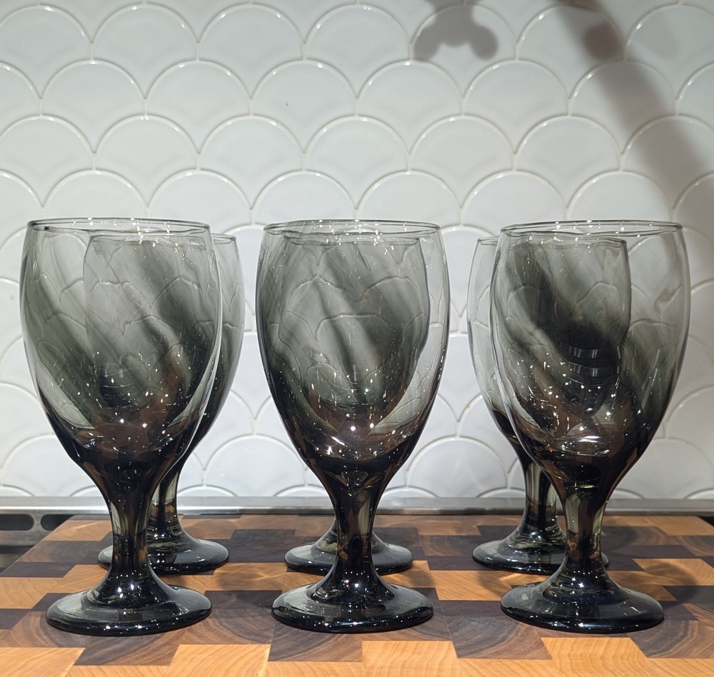 Libbey Vintage Bordeaux Black Gray Smoke Goblet Drinking Water Glass Set of 6