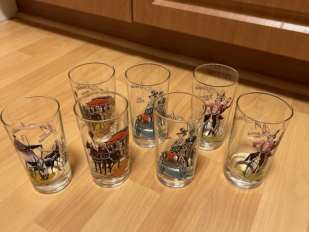 Vintage Anchor Hocking Highball Glasses Gay Nineties Transportation Bicycle 1890