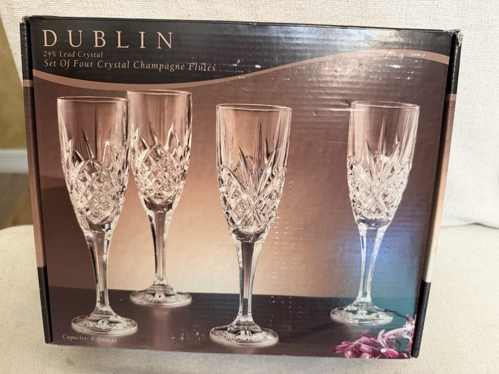 Godinger Dublin Crystal Champagne Flutes Set of 4 Shannon Crystal Glass New Box