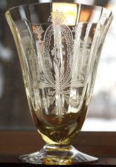 Vtg Set 8 LA FLEURE YELLOW 4.75″ Etched FOOTED TUMBLERS Glass TIFFIN FRANCISCAN