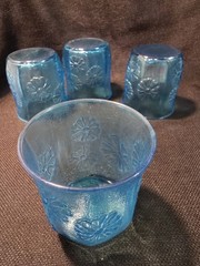 Vintage Anchor Hocking Spring Song Daisy Blue Juice Glass Set/2 Mid Century USA