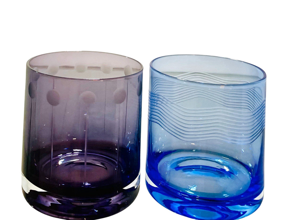 Mid-Century Mod Crystal Whiskey Tumbler Glasses Etched Design 4″ T Blue Purple