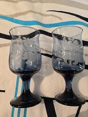 2 Pfaltzgraff Folk Art Blue Etched with Bird 5.5 Inch 8Oz. Footed Goblets
