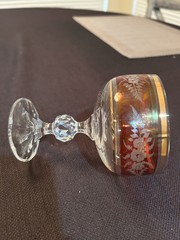 6 Bohemian Ruby Red Cut To Clear Crystal Stem Glasses With Gold Trim