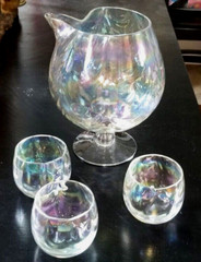 West Virginia Glass Iridescent Luster Loop Optic Brandy Snifter and 3 Glasses