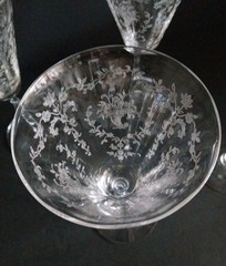 4 Cornucopia Fostoria Etched Mayflower Crystal Wine Water Goblets 7 3/8″ 8 Oz.