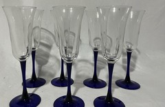 set of 6 Vintage Cobalt Blue Stem Champagne Flutes Crystal 8.75″ handmade