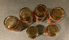 MCM SIX MULTI COLORED STRIPED TUMBLERS DRINKING GLASSES DOMINION GLASS