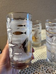 6 Libbey MARINE LIFE Glasses Fish Seahorse Gold Aqua 1950s MCM Cocktail