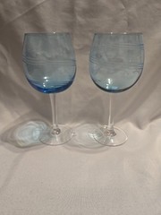 Pair Of Allegro Colored Blue Laura Etched Balloon Wine Glasses