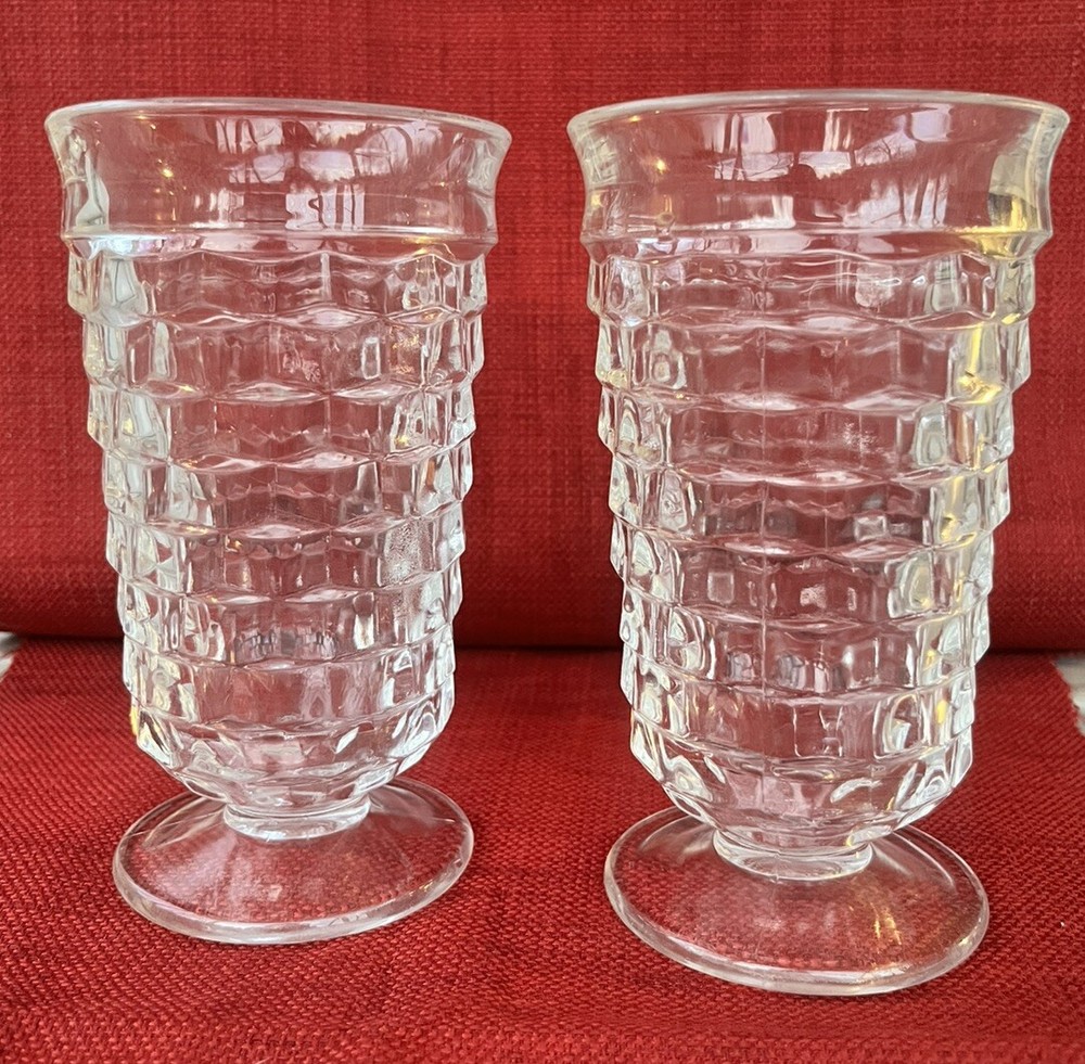 Vintage Set Of 2 Indiana Clear Colony Glass Whitehall Cubist Footed Tumblers