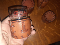 Set of 3 Libbey Bamco Western 2-5/8″ Shot Glasses & 4 Leather Sleeves