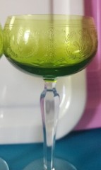 Pair of chartreuse green Val St. Lambert fleur de lis stem wine glasses Signed