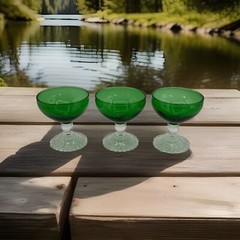 3 Anchor Hocking Bubble Foot Green Champagne Sherbet Glasses Set Vintage MCM Lot