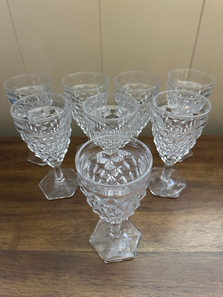 American Fostoria Vintage Water/Wine Gobbles Hex Footed Perfect Clarity Set Of 8