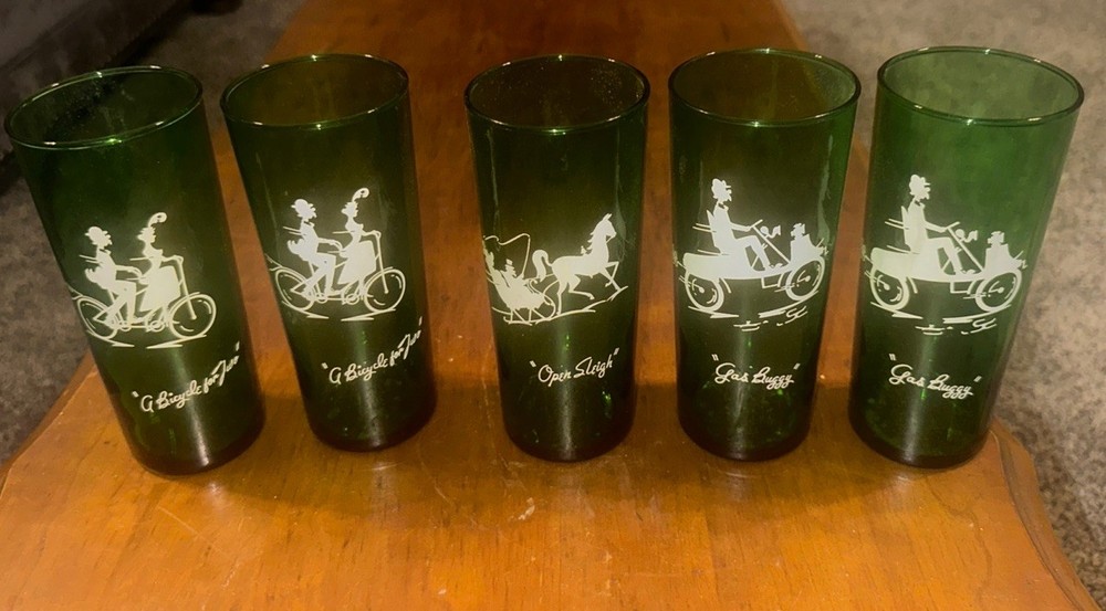 5 ANCHOR HOCKING GREEN DRINKING GLASSES TUMBLERS TRANSPORTATION SCENES 6.5” H