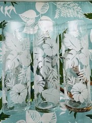 3 Frank Oda Etched Hawaiian Hibiscus Monstera Leaves 7″ Tom Collins Bar Glasses