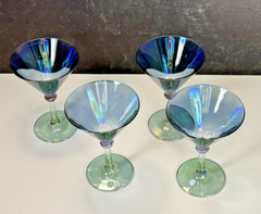 Set 4 Euroglass Italy Hand Blown Martini Glasses Purple Green Blue Iridescent