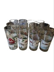12 Vintage Libbey Christmas Winter Scene Horse Sleigh Barn 16 oz. Glasses