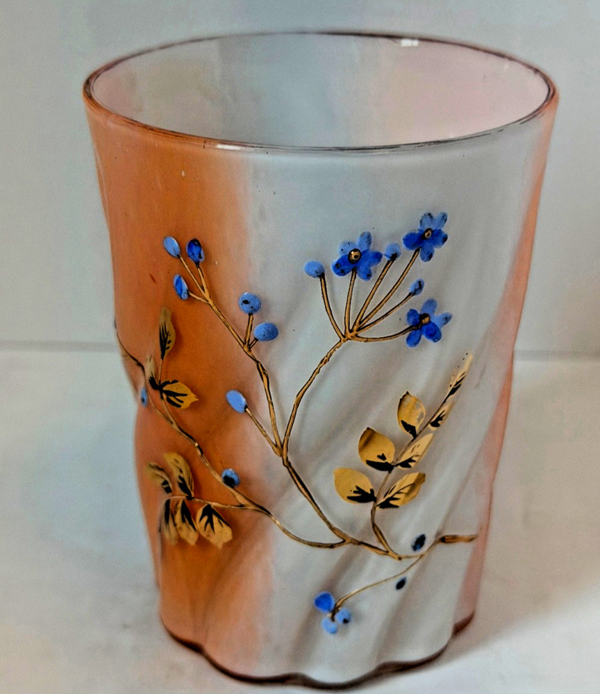 Antique Satin Glass Tumbler Peach Blow Style Hand Painted Enamel Floral Gilt Blu