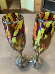 Lot of 2 Mexico Art Glass Champagne Flute Goblet Mottle Iridescent Stemware READ
