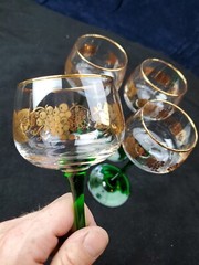 Vintage set of 4 Luminarc Green Tulip Stem Glassware France GOLD RIM GRAPE LEAF