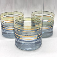 Vintage Light Blue Base Gold & Green Banded Tumbler Set of 3 Glasses Striped EUC