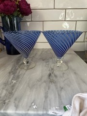 Vintage 2 PIER MARTINI COBALT BLUE White Swirl LINES CLEAR BALL STEMS 5”T