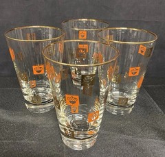 Clear Libbey 12 Oz Tumblers Orange & Gold Fall Themed W Gold Rim Vtg Set Of 4