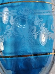 Four Vintage Cristalleria Fumo Etched Wine Glass Set Colored Stems & Gold Rim