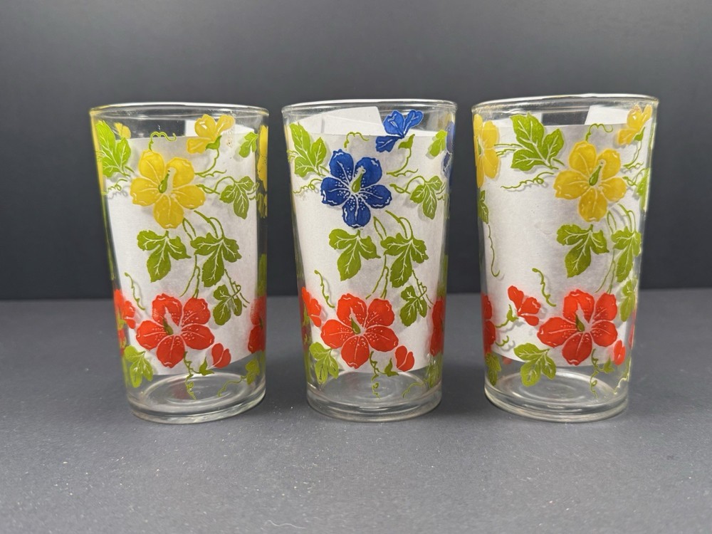 Vintage Floral Tumblers Set 3 Retro MCM Drinking Glasses Yellow Blue Red Flowers