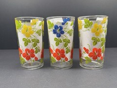 Vintage Floral Tumblers Set 3 Retro MCM Drinking Glasses Yellow Blue Red Flowers
