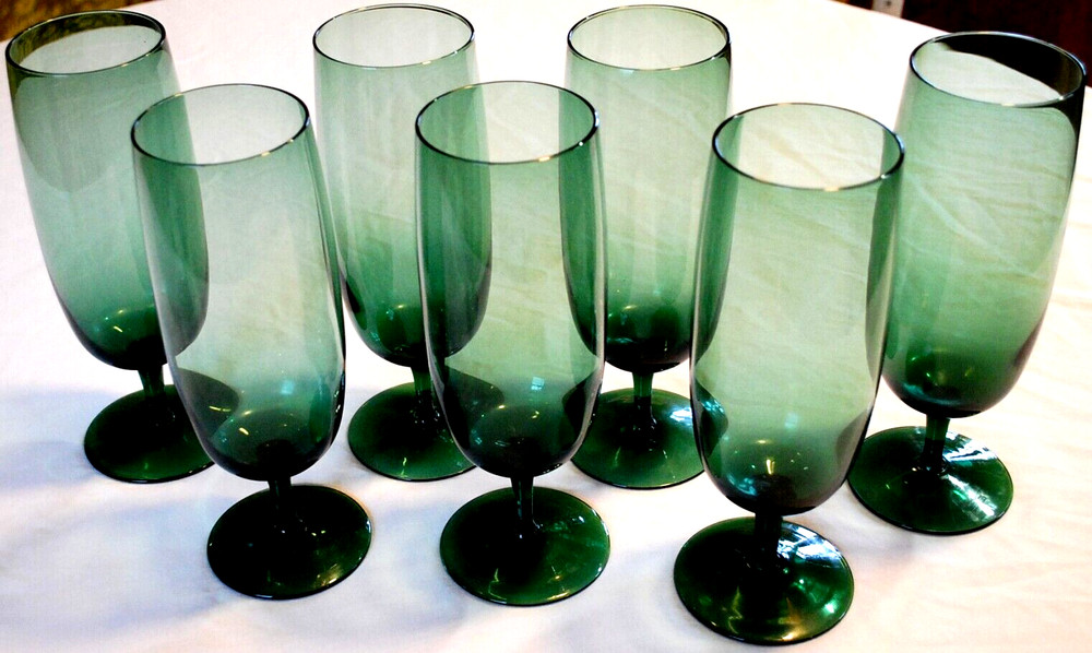 ONEIDA CRYSTAL MINX GREEN Vintage Set 7 Footed 8.5″ ICED TEA GLASSES 18 oz Exc.
