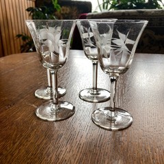 Cordial Liqueur Stems Set of 4 Wheel Etched Floral 5″ Glass Ware Vintage Barware