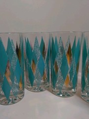 VTG Lex Kuznak Atomic MCM Turquoise & Gold Diamond High Ball Glasses (Set Of 7)