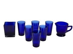 French Blue Cobalt Water Tumblers 10oz 6 Pcs W/ 1 Small Vase and 1 Small Pitcher