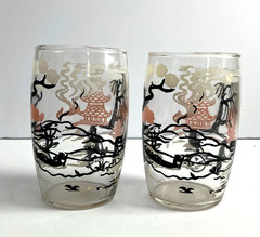 Set 2 Vintage MCM Drinking Glasses Asian Cherry Blossom Pink Pagoda Bar Ware 4″