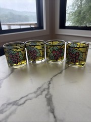 Vintage Set Of 4 Libbey 8 Oz Lowball Stained Glasses W/Grapes & Leaves EUC