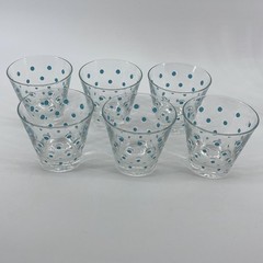 Vintage Hazel-Atlas Set-7 Aqua Polka Dot Barware~1 Ice Bowl & 6 Cocktail Glasses