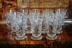 Set of 12 Vintage Round Faceted & Floral Etched Footed 8oz. Juice Wine Glasses