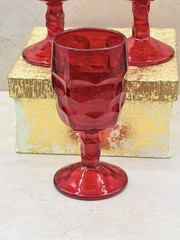 Viking Ruby Red Honeycomb Glass Georgian Wine Water Goblets Set of 3 Cadmium Rim