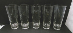 5 Vintage Clear Glass Tumblers with Arrows / Leaves and Thumbprint Design